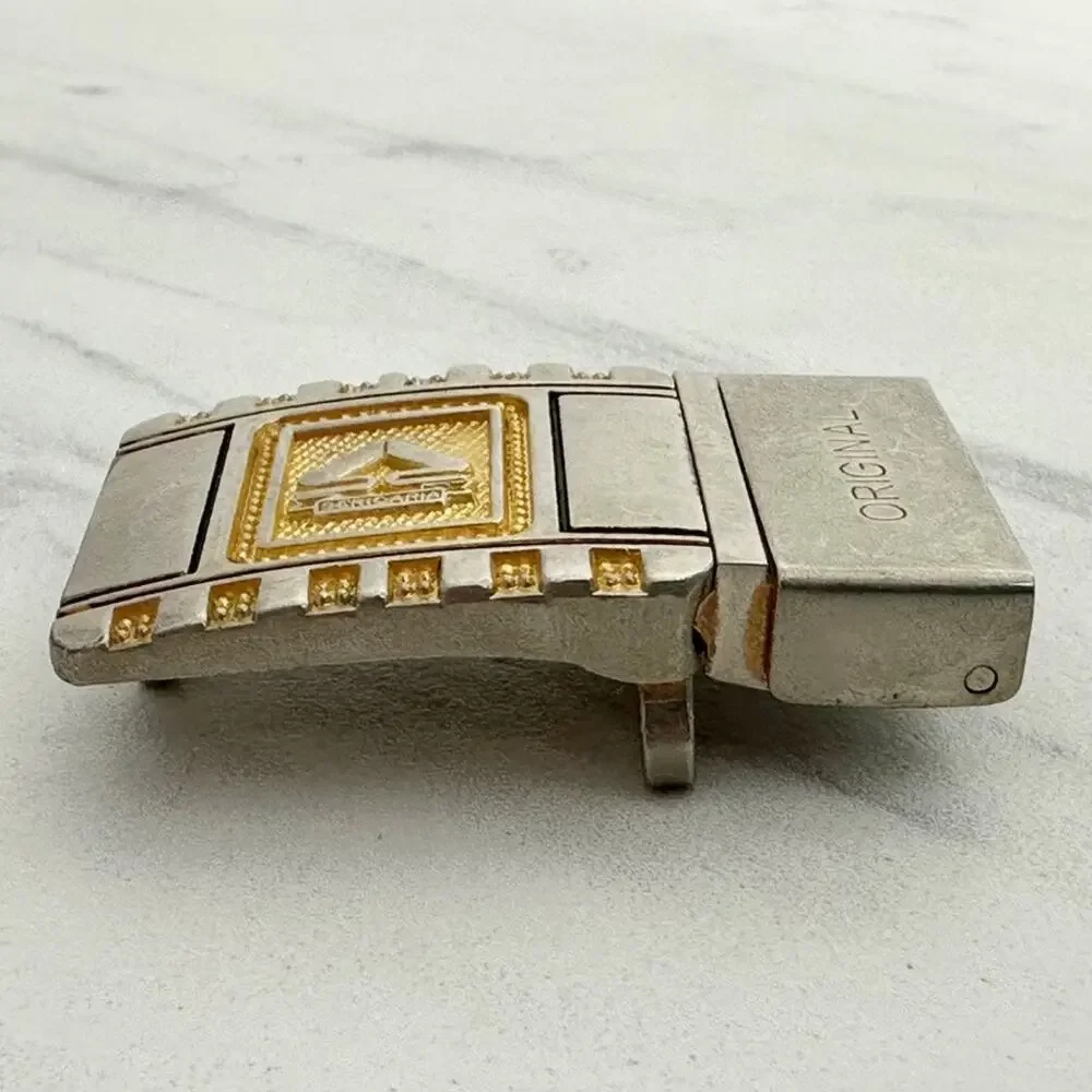 Sericaria Reversible Clamp On Belt Buckle Gold Tone Bead Dot Border Logo ✨